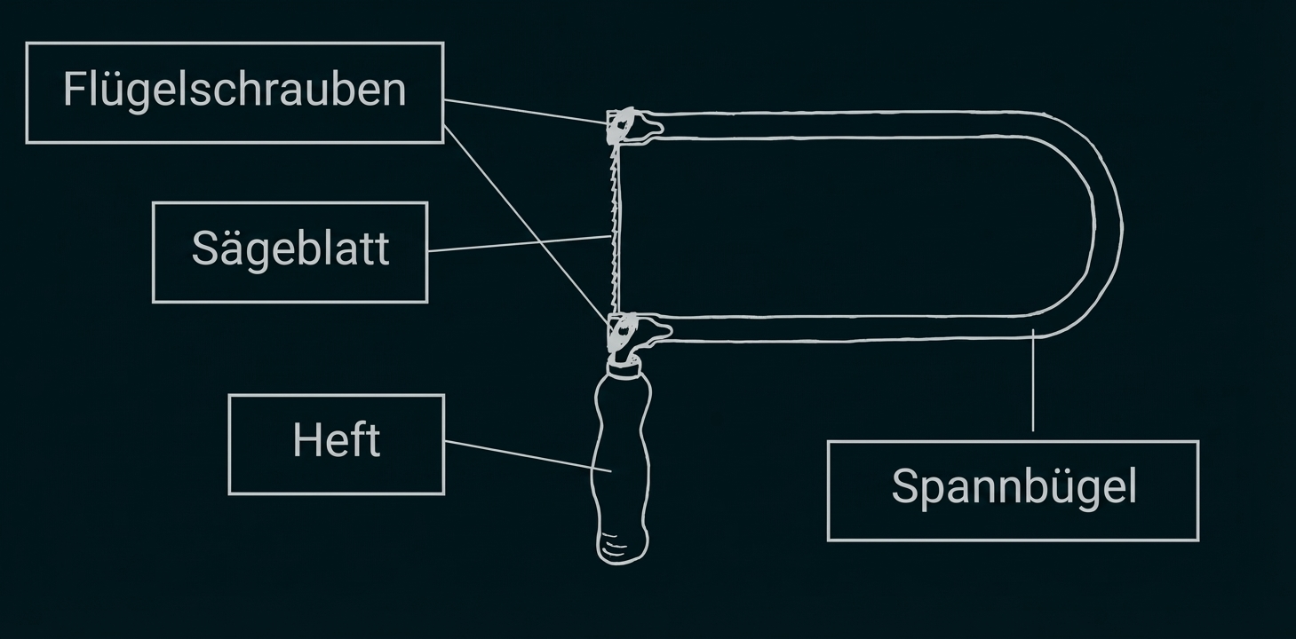 Bügelsäge (Sägeblatt, Flügelschrauben, Heft/Griff, Spannbügel)